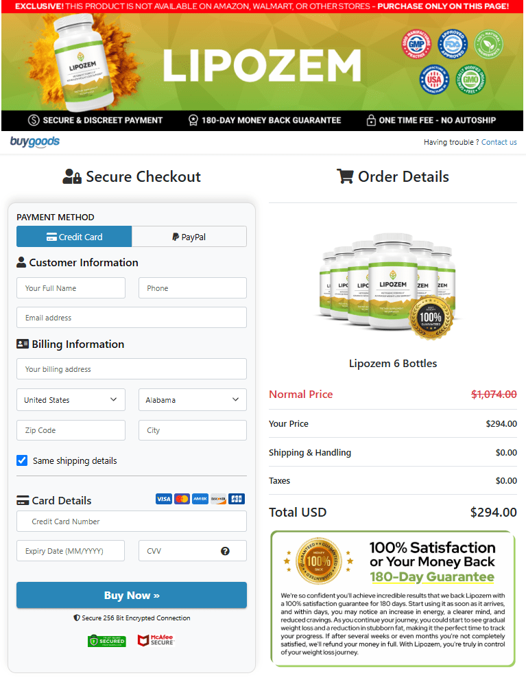 Lipozene order page